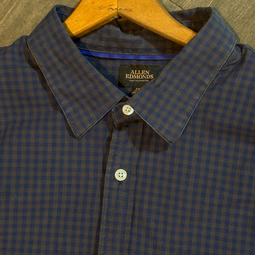 Allen Edmonds Men’s Shirt 2XL Madison Fit Blu/bro Gingham Check Cotton Button